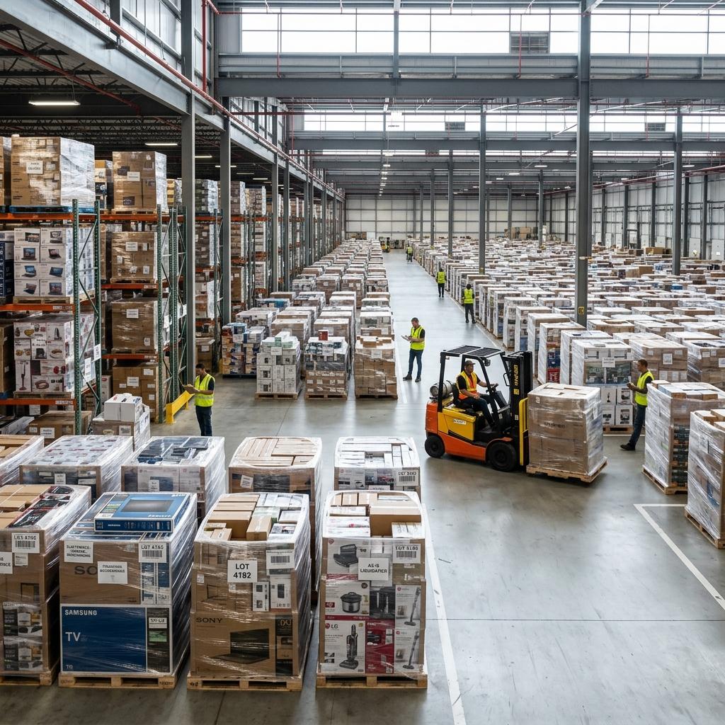 Wholesale liquidation pallets staged at warehouse loading dock